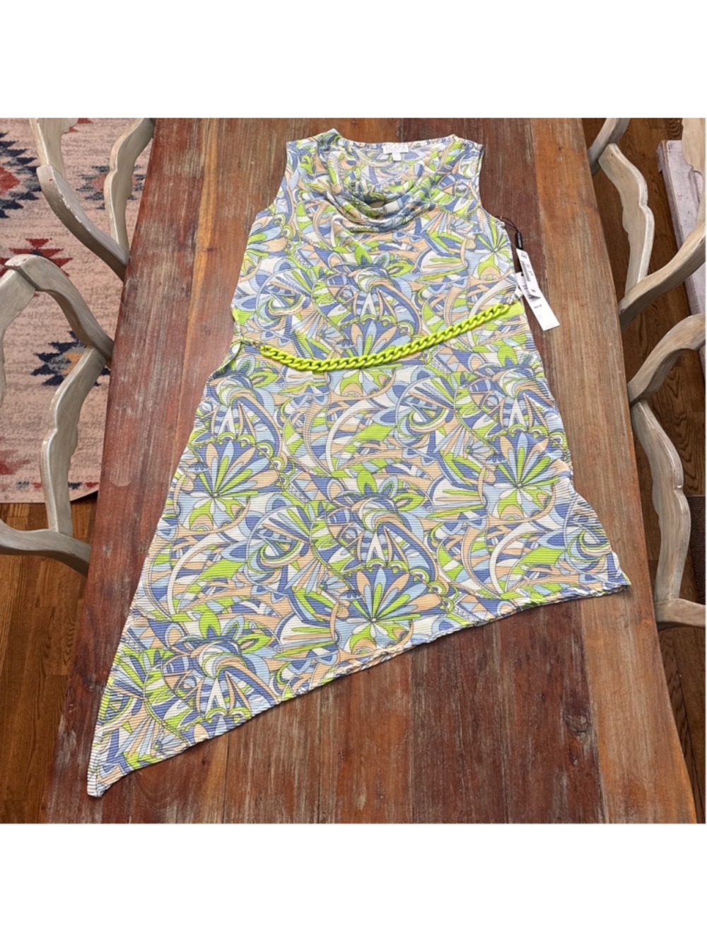 SCAPA Lauren Perre Asymmetrical Pleated Psychedelic Dress NWT Size M Green Blue